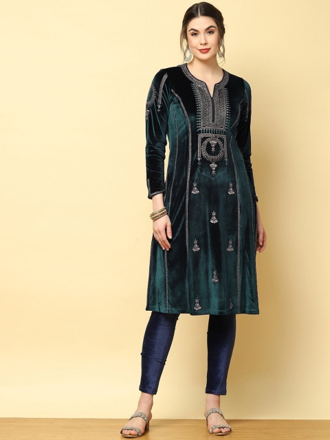 

Lakshita Women Green Geometric Keyhole Neck Flared Sleeves Thread Work Velvet Maternity Velvet Anarkali Kurta