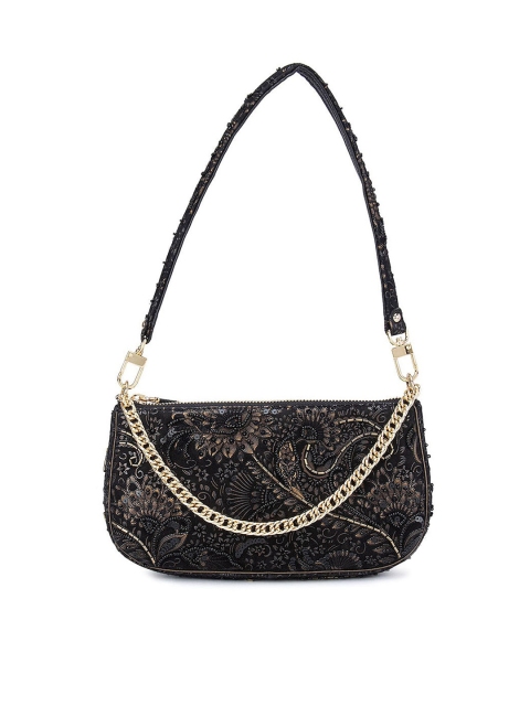 

Da Milano Black Floral Embellished Leather Structured Shoulder Bag
