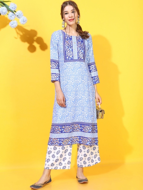 

Vishudh Women Blue & White Ethnic Motifs Printed Kurta with Palazzos