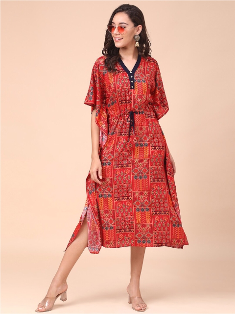

J Turritopsis Red Ethnic Motifs A-Line Midi Dress