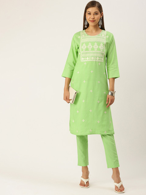 

SWAGG INDIA Women Green & White Ethnic Motifs Embroidered Pure Cotton Kurta with Trousers