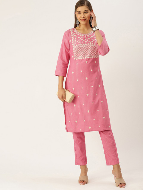 

SWAGG INDIA Women Pink & White Ethnic Motifs Embroidered Pure Cotton Kurta with Trousers