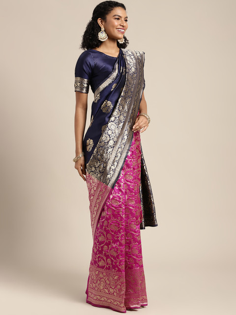 

DIVASTRI Navy Blue & Pink Ethnic Motifs Woven Design Banarasi Saree