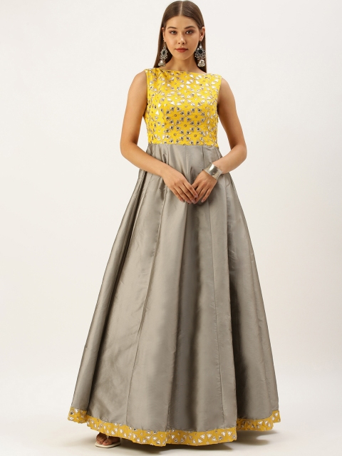 

EthnoVogue Women Grey & Yellow Embroidered Layered Maxi Dress