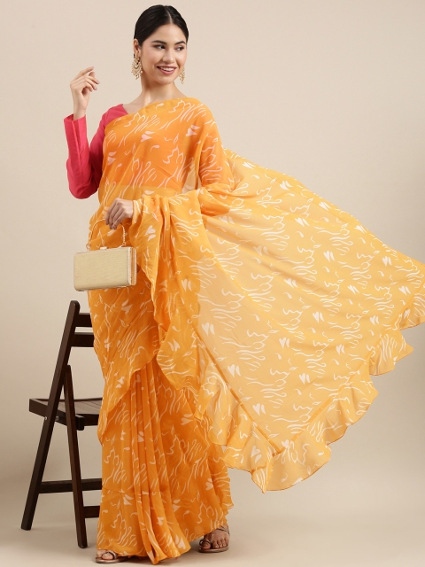 

EthnoVogue Mustard Yellow & White Abstract Printed Saree
