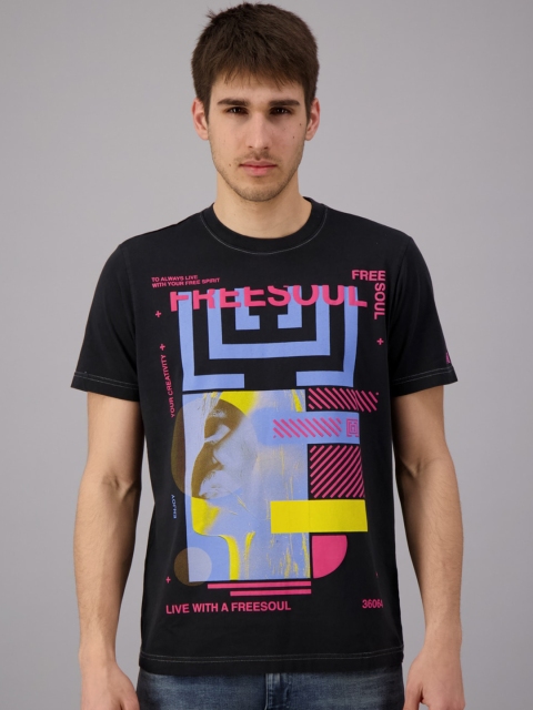 

FREESOUL Men Black Printed Cotton T-shirt