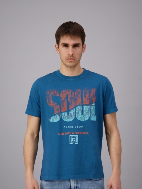 

FREESOUL Men Blue Typography Printed Cotton T-shirt