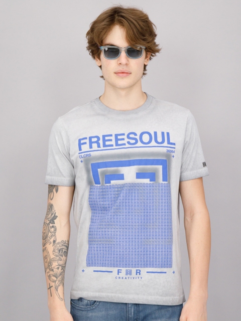 

FREESOUL Men Grey Printed Cotton T-shirt