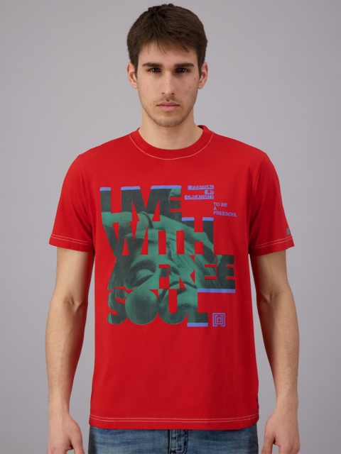 

FREESOUL Men Red Printed Cotton T-shirt