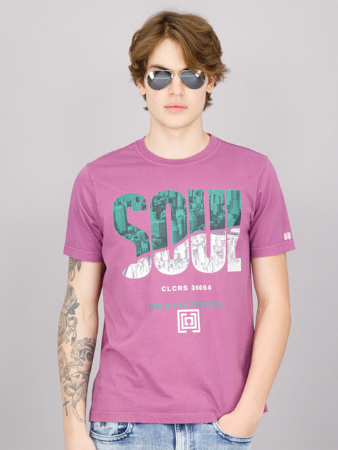

FREESOUL Men Purple Typography Printed Cotton T-shirt