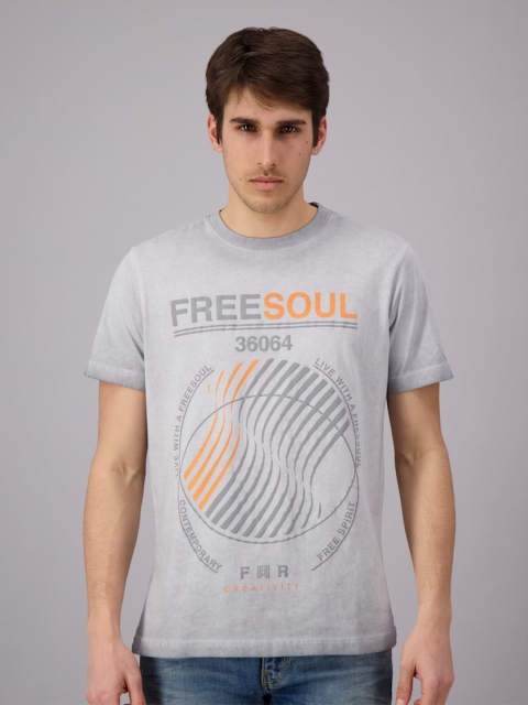 

FREESOUL Men Grey Printed Pure Cotton T-shirt