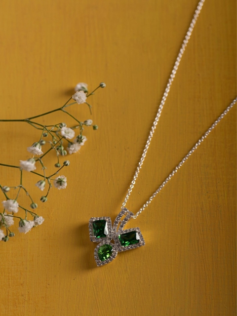 

Hiara Jewels 925 Sterling Silver Rhodium-Plated & Green CZ Stone Studded Pendant
