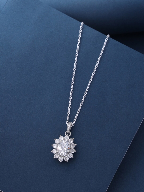 

Hiara Jewels Rhodium-Plated & White CZ-Studded Pendant With Chain, Silver