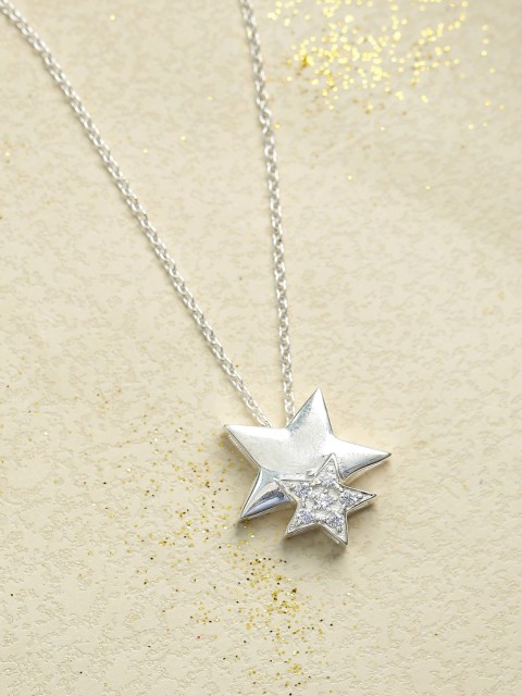 

Hiara Jewels Rhodium-Plated White CZ Studded Pendant With Chain, Silver