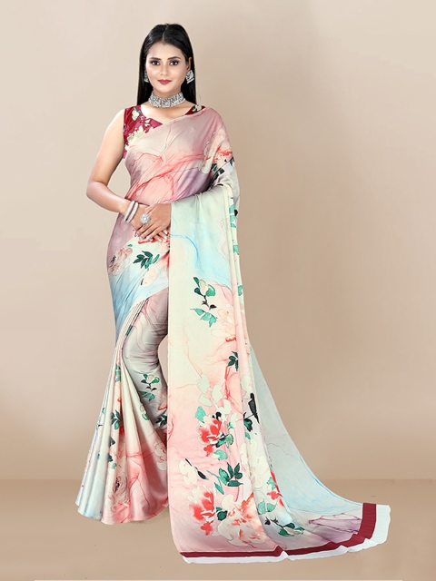 

VAIRAGEE Pink & Blue Floral Silk Blend Saree
