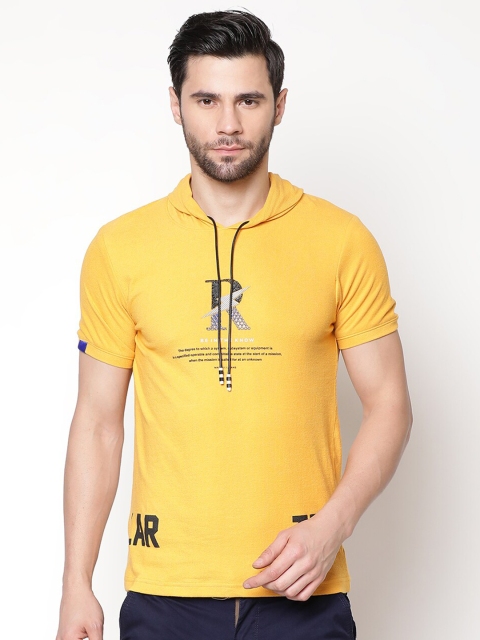 

V2 Value & Variety Men Mustard Yellow Printed Henley Neck Pure Cotton Applique T-shirt