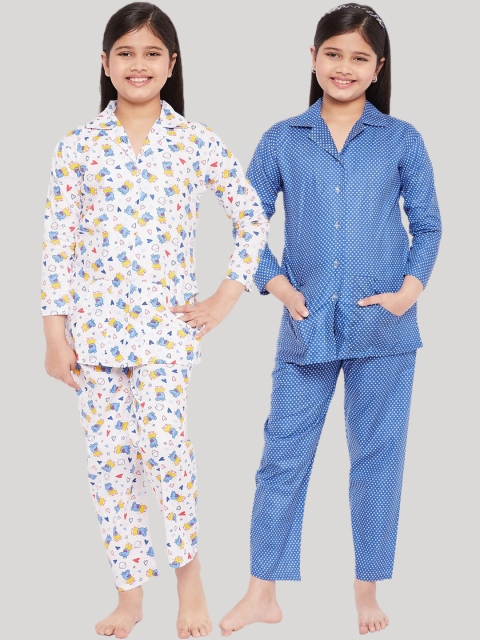 

KYDZI Girls Blue & White Printed Pure Cotton Night suit Pack Of 2