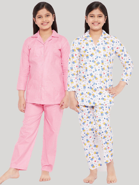 

KYDZI Girls Pack of 2 White & Pink Printed Cotton Night suits