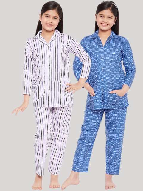 

KYDZI Girls Pack of 2 Blue & White Printed Cotton Night suits