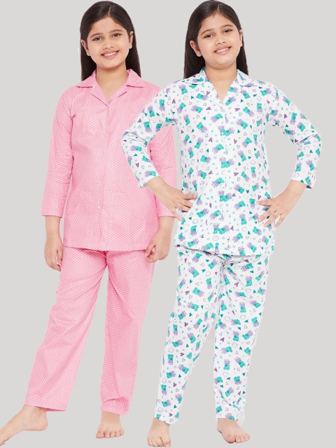 

KYDZI Girls White & Pink Printed Pure Cotton Night suit Pack Of 2