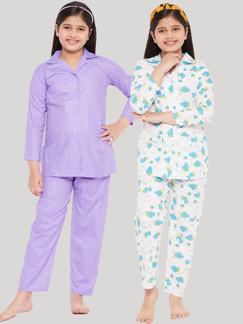 

KYDZI Girls Multicoloured Set of 2 Printed Cotton Night suit, Multi