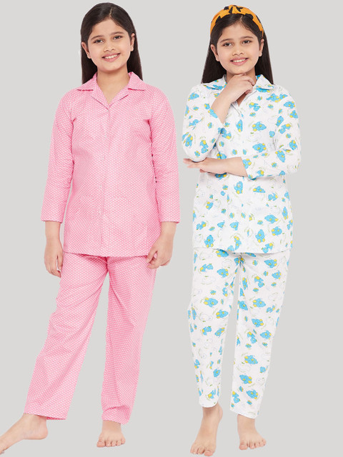 

KYDZI Girls Pack of 2 White & Pink Printed Cotton Night suits