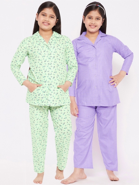 

KYDZI Girls Purple & White Printed Pure Cotton Night suit Pack Of 2