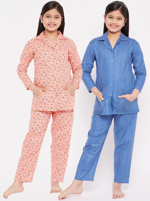 

KYDZI Girls Blue & Peach-Coloured Printed Night suit