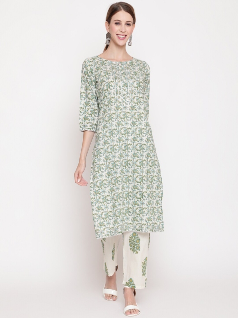

THE NKS PLUS Women Green Floral Pure Cotton Kurti with Trousers