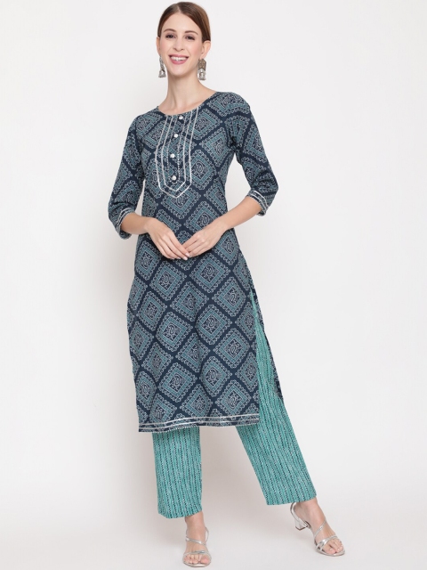 

THE NKS PLUS Women Blue Embroidered Pleated Pure Cotton Kurta with Churidar