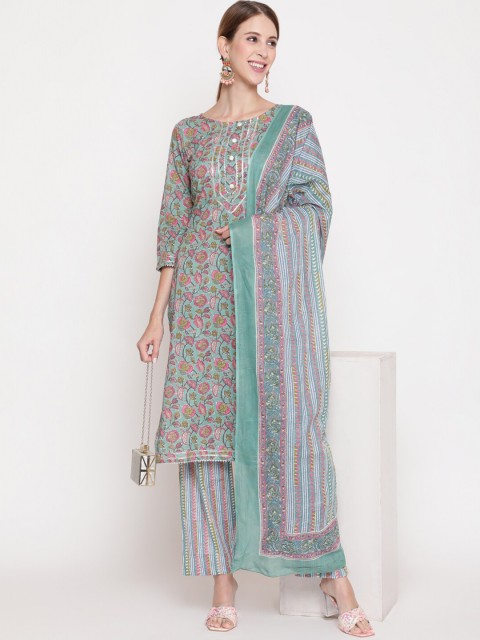 

THE NKS PLUS Women Green Floral Printed Pure Cotton Kurta with Trousers & With Dupatta