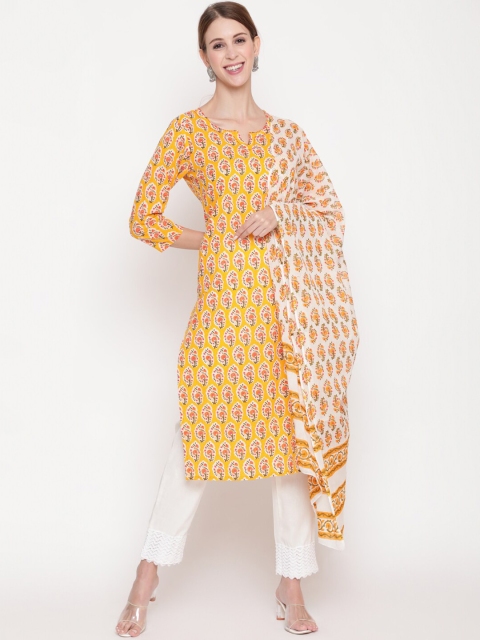 

THE NKS PLUS Women Yellow & White Ethnic Motifs Printed Pure Cotton Kurta & Trousers With Dupatta