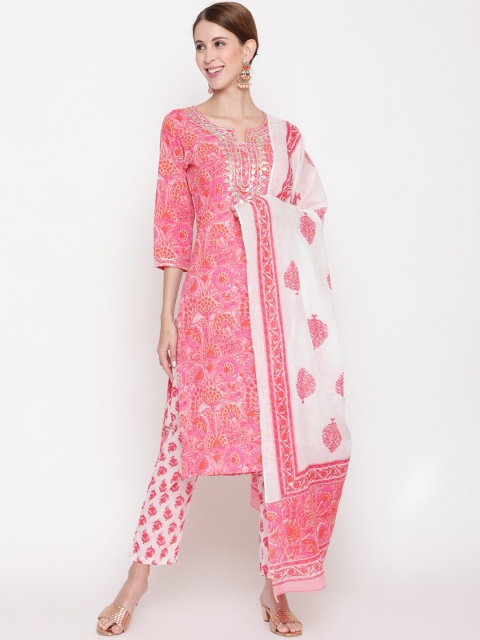 

THE NKS PLUS Women Pink Floral Printed Gotta Patti Pure Cotton Kurta with Trousers & With Dupatta
