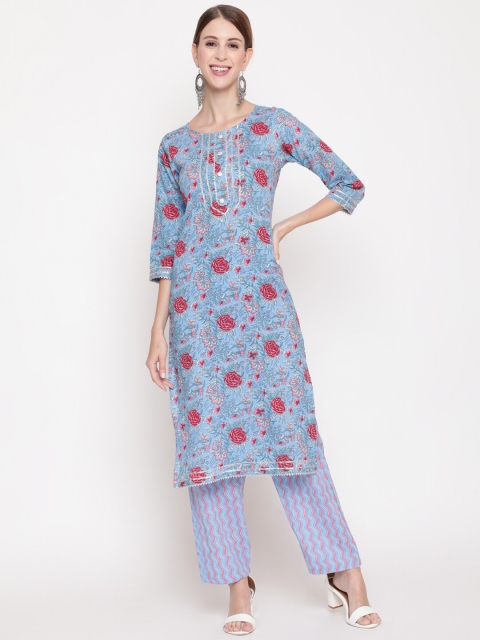 

THE NKS PLUS Women Blue Floral Printed Pure Cotton Kurta with Trousers