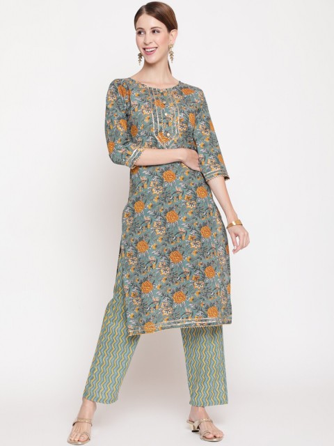 

THE NKS PLUS Women Green & Red Floral Printed Pure Cotton Kurta with Trousers