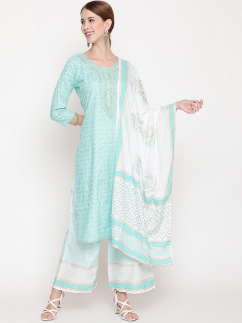 

THE NKS PLUS Women Turquoise Blue & White Printed Kurta with Salwar & With Dupatta