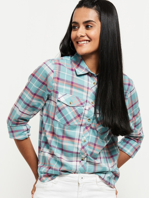 

max Women Green Tartan Checks Checked Casual Shirt