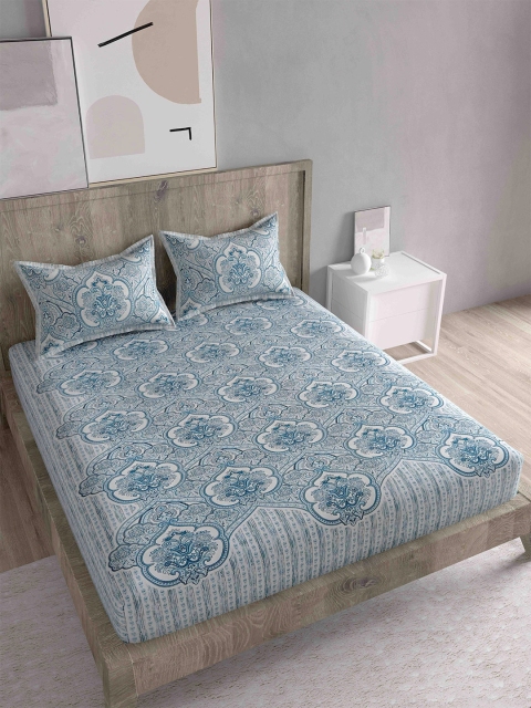 

Spangle Blue & White Ethnic Motifs 260 TC Cotton King Bedsheet with 2 Pillow Covers