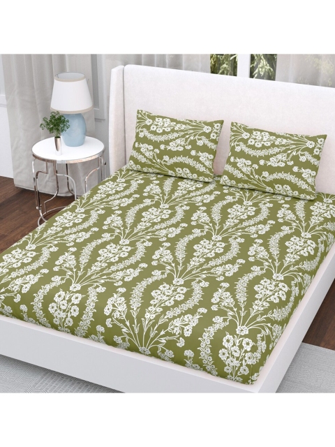 

Aura Green & White Floral 200 TC Queen Bedsheet with 2 Pillow Covers