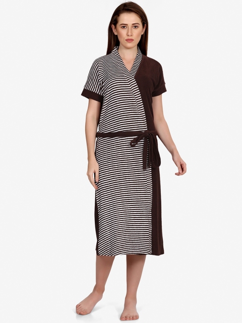 

Sand Dune Women Brown & White Striped Pure Terry Cotton Bath Robe