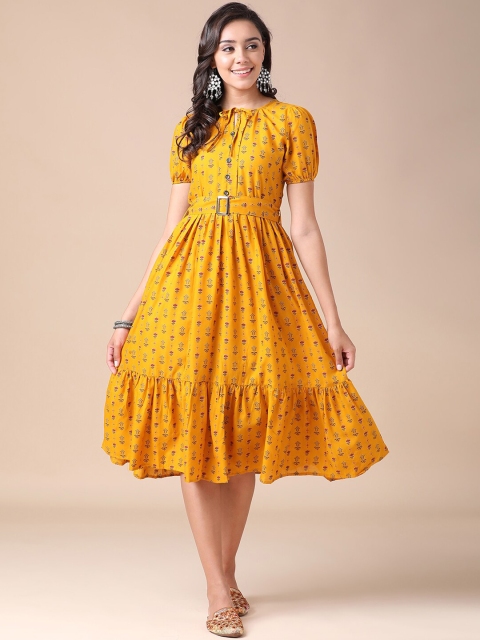 

J Turritopsis Mustard Yellow Ethnic Motifs Tie-Up Neck A-Line Midi Dress