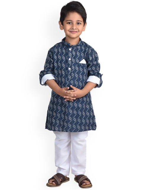 

Kinder Kids Boys Blue Ethnic Motifs Printed Angrakha Pure Cotton Kurti with Pyjamas