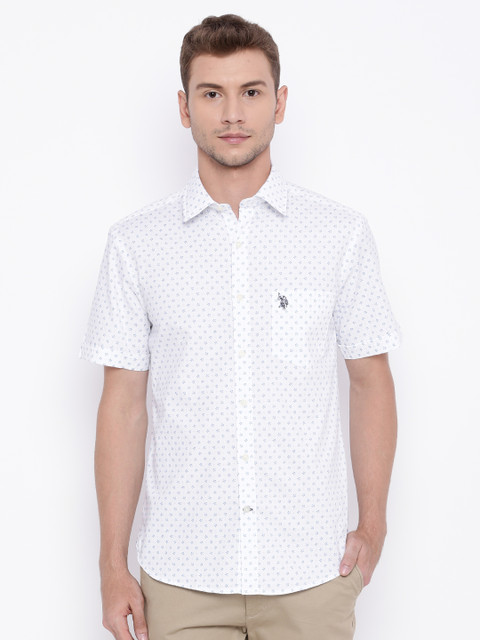 

U.S. Polo Assn. Men White & Blue Printed Tailored Fit Casual Shirt
