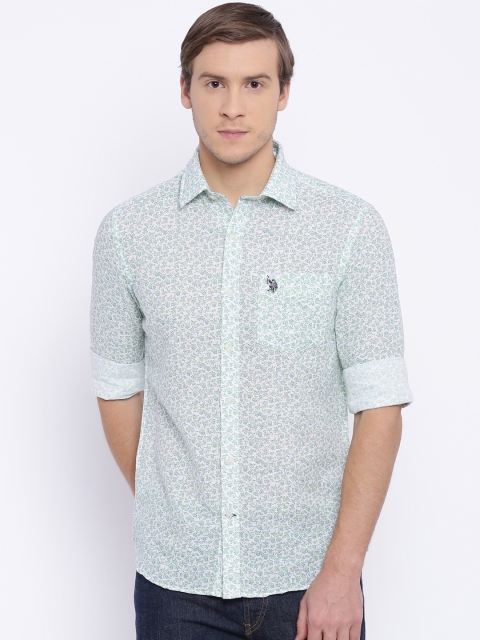 

U.S. Polo Assn. Men Off-White & Green Tailored Fit Printed Casual Shirt