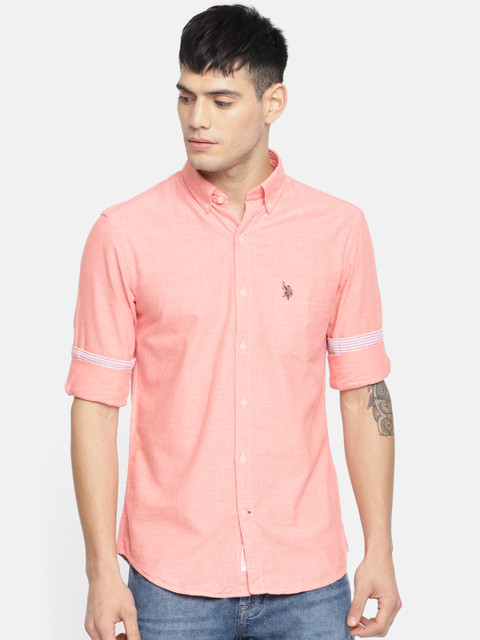 

U.S. Polo Assn. Men Coral Pink Tailored Fit Self Design Casual Shirt