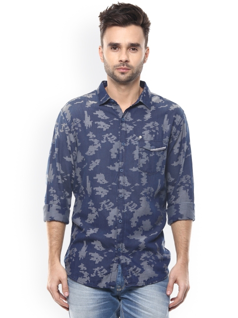 

SPYKAR Men Navy & Grey Slim Fit Self-Design Casual Shirt, Navy blue