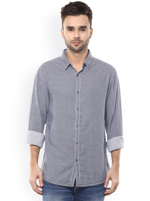 

SPYKAR Men Navy & White Slim Fit Checked Casual Shirt, Navy blue