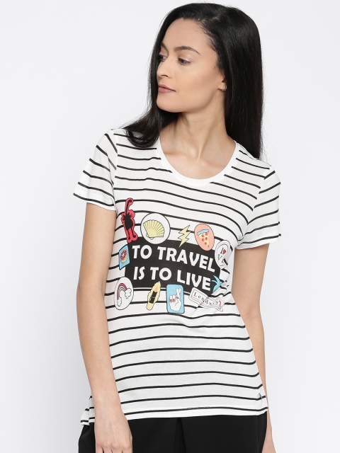 

Vero Moda Women White & Black Striped Round Neck T-shirt