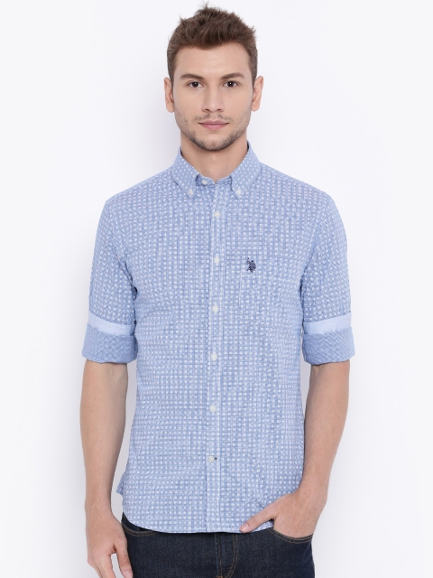 

U.S. Polo Assn. Men Blue Printed Tailored Fit Casual Shirt