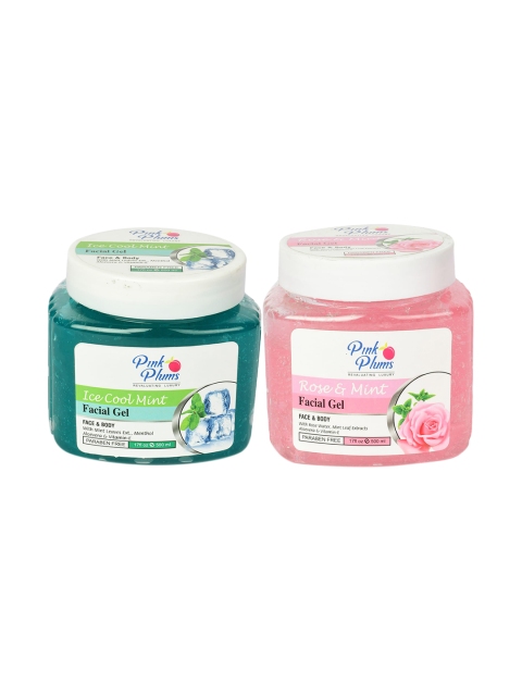 

Pink Plums Pack Of 2 Paraben Free Aloevera Vitamin E Rose Mint Face & Body Gel- 500 ml, Green